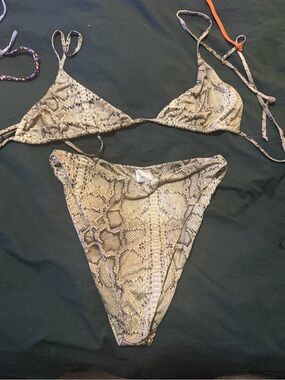 Snake Print Triangle Bikini Set - Neutral Tones